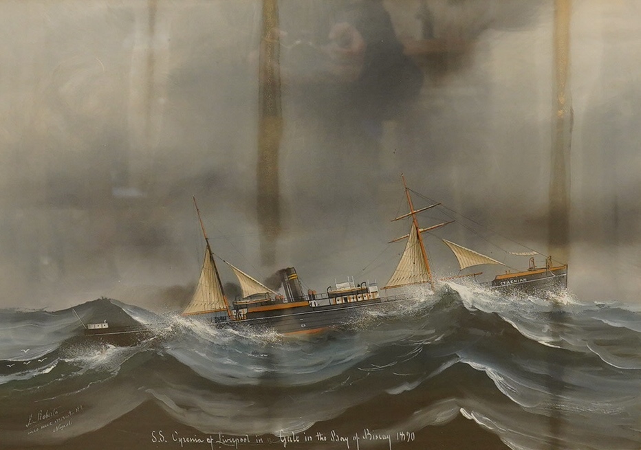 S. Roberta (Neapolitan School), gouache, ‘S.S. Cyrenia of Liverpool in a gale in the Bay of Biscay 1890’, signed and inscribed Napoli, 43 x 62cm. Condition - poor